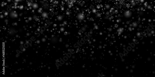 Snowflake Falling snow isolated. Snow overlay, realistic winter effect, perfect for digital artwork. Christmas background. Falling snowflakes on black background, PNG