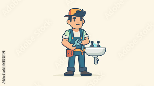 Plumber cartoon character fixing a sink