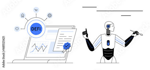 Robot interacting with decentralized finance data, certificate, and financial graphs. Ideal for fintech, automation, blockchain, data analysis, innovation AI technology. Modern simple flat