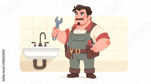 Plumber character fixing pipe in bathroom interior