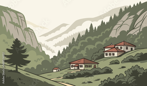 "A scenic view of a traditional village in the mountains, morning mist, natural travel stock photography."