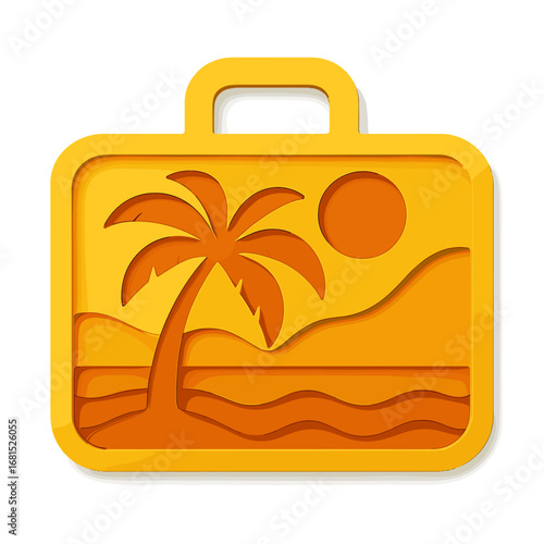 Tropical travel concept in minimalist 3d design with palm tree and sunset