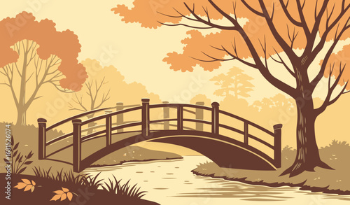 A wooden bridge over a calm river surrounded by autumn trees, golden hour lighting, serene and peaceful image."