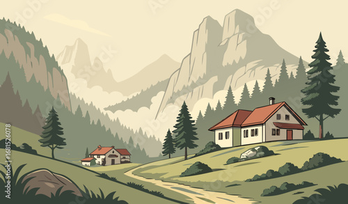 "A scenic view of a traditional village in the mountains, morning mist, natural travel stock photography."
