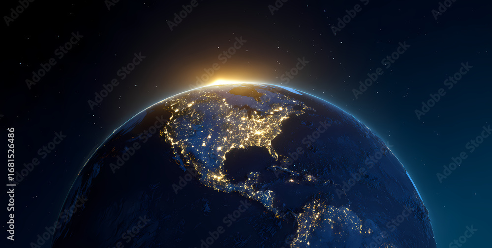 Obraz premium Digital Network Connections Across Earth at Sunrise