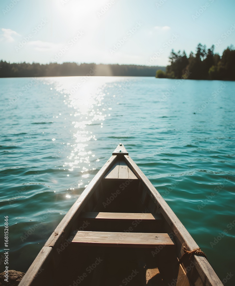Naklejka premium Serene Canoe on Tranquil Lake Under a Bright Sky with Beautiful Reflection
