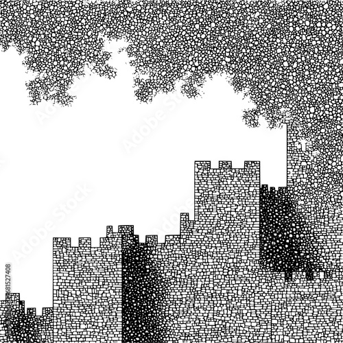 Detailed stone castle illustration with intricate patterns and textures in black and white style design