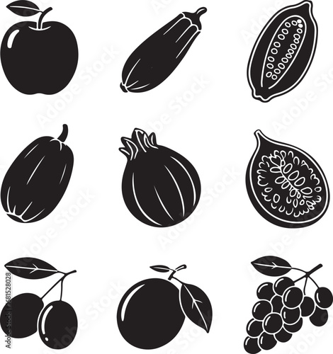 Apple zucchini papaya pomegranate fig olives orange grapes