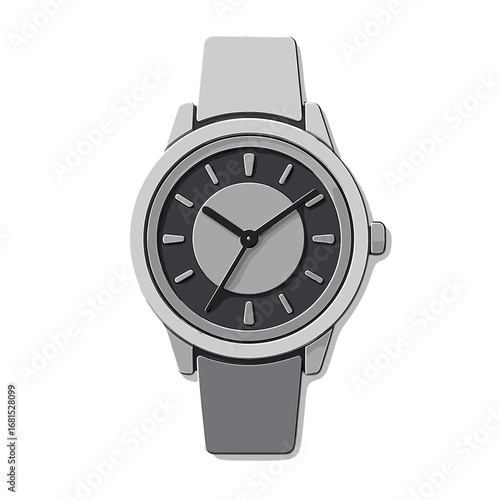 Minimalist gray wristwatch on gray background with subtle shadows and highlights