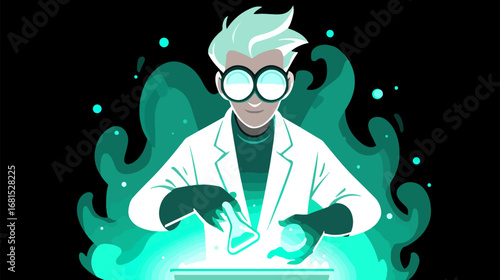 Scientist conducting experiment in teal illustration