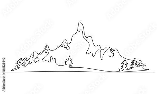 Mountain Range Vector: Continuous Line Drawing of Peaks and Trees Landscape Art