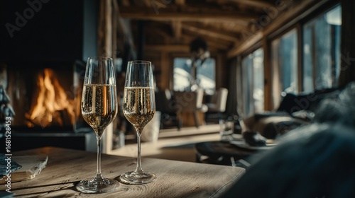 Cozy alpine cabin interior with champagne glasses on wooden table near fireplace, warm light creating elegant and intimate winter retreat atmosphere