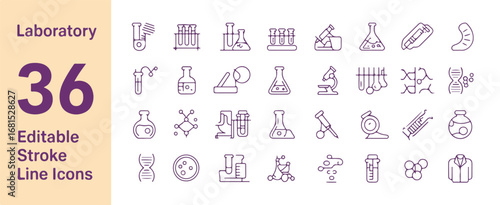 A set of laboratory and scientific line icons arranged in a grid format.