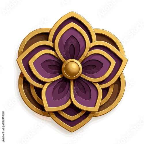Elegant purple and gold mandala in 3d layered design on a gold background
