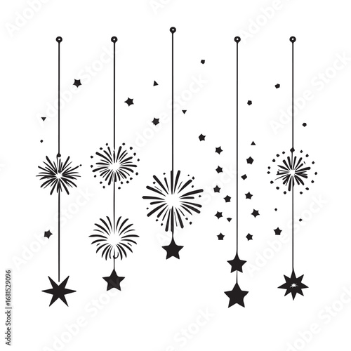 Vector art of black and white illustration of fireworks and stars hanging on strings