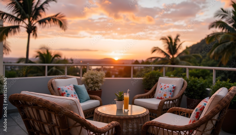 Fototapeta premium Cozy Outdoor Lounge with Rattan Chairs and Stunning Sunset Overlooking the Sea