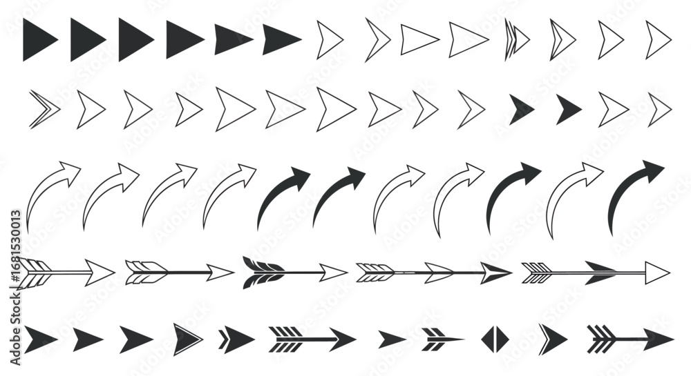 Naklejka premium Diverse arrow collection guiding progress forward, showcasing directional choices for modern design and conceptual clarity