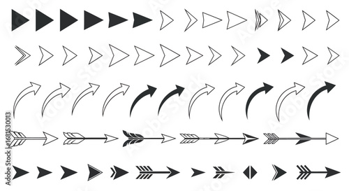 Diverse arrow collection guiding progress forward, showcasing directional choices for modern design and conceptual clarity
