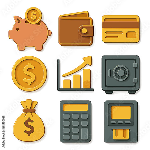 Modern financial icons: wallet, card, and savings in 3d style