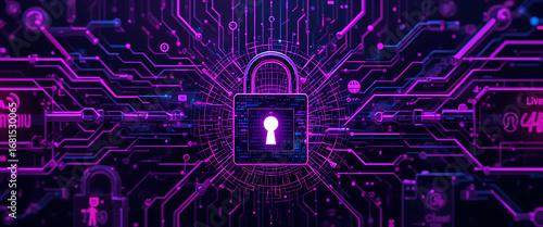 Abstract Halloween data accessories theme cyber security system with digital 4d locks on the middle attached with block chain technology, in dark purple and violet pink with golden outlines colors mul