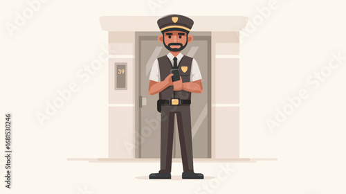 Security guard standing in front of building entrance