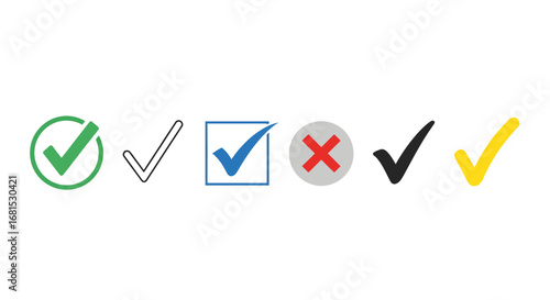 Diverse collection of checkmarks and a red cross symbolizing approval, rejection, choice, and decision making in a clean layout