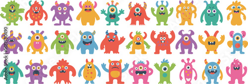 Colorful cartoon monster collection, cute fantasy creatures, kids sticker set, playful alien characters, fun Halloween monsters, vibrant vector illustration