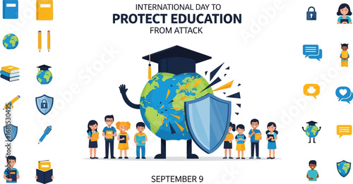 International day to protect education from attack with children and educational icons around it