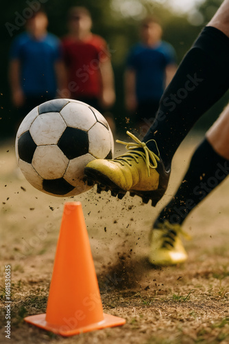 Soccer action shot, showcasing a player kicking a ball past a cone with teammates in the background. Dynamic moment of a sports event.