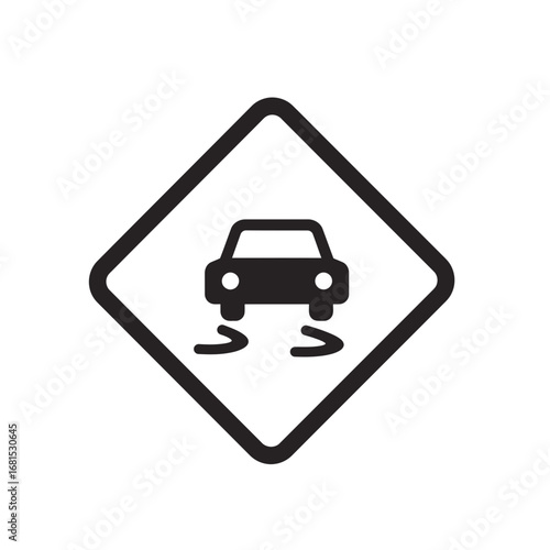 Slippery Road Sign: An illustrative representation of a vehicle navigating a slippery road surface, encased within a cautionary diamond frame. 