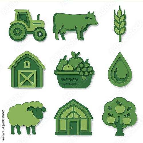 Green farm icons set featuring agriculture elements in 3d style