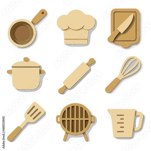 Flat kitchen icons set featuring cooking utensils in minimalist 3d style