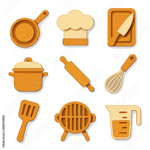 Flat design kitchen utensils icons set in warm tones for culinary projects