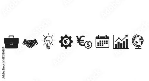Essential business icons symbolizing growth opportunity success strategy finance planning and global reach for modern enterprises