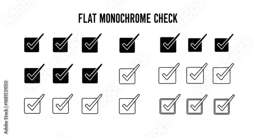 Collection of flat monochrome checkmark icons in squares, perfect for task lists, confirmation, and approval concepts