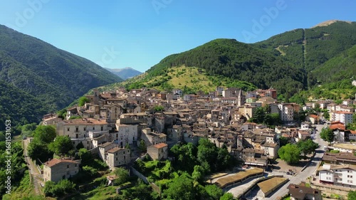 Aerial footage of Scanno town in the province of L'Aquila, in the Abruzzo region of central Italy