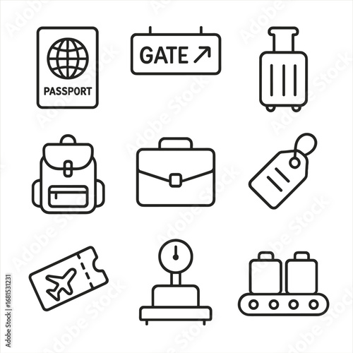 Travel icons: passport, luggage, gate sign, suitcase, backpack, briefcase, ticket