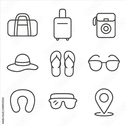 Travel essentials in minimalist outline design for vacation planning