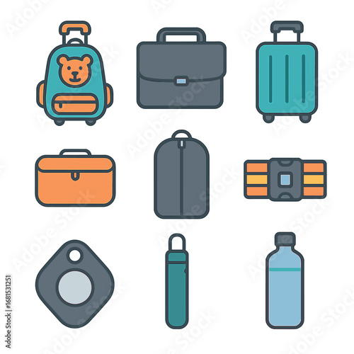 Flat design travel icons with luggage and accessories for modern journeys