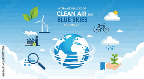 International day of clean air for blue skies vector illustration with earth and environmental icons
