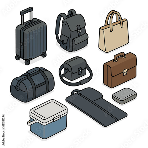 Collection of stylish isometric travel bags and accessories in dark tones
