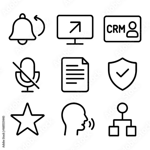 Modern linear icons: notification, crm, security, and more