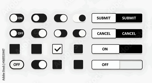 Modern UI toggles and buttons for app design, offering sleek on/off switches and clear submit cancel actions