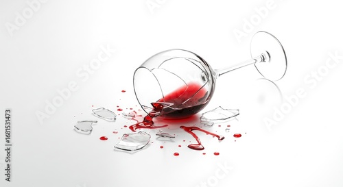 A spilled wine glass broken on a white surface with red wine spreading around shards of glass