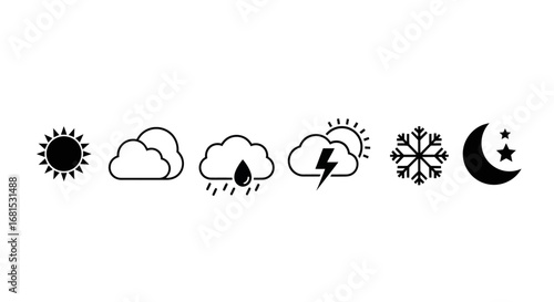 Essential weather icons capture sun, clouds, rain, storm, snow, and night sky for dynamic forecasting and environmental communication