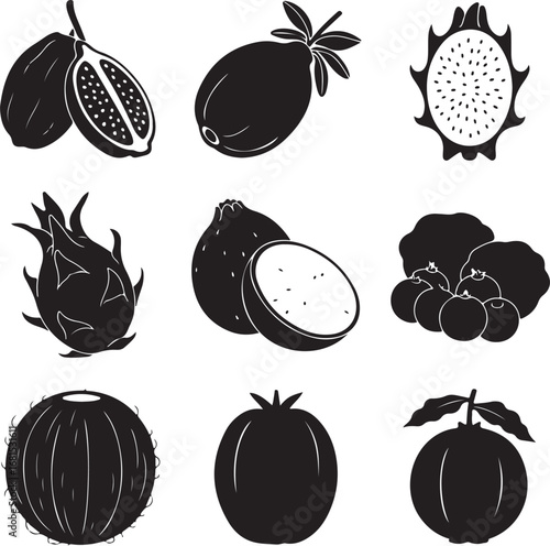 Assorted tropical fruits and berries dragon fruit guava