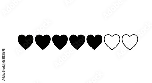 Five solid black hearts and two outlined hearts create a visual rating or progress bar on a clean white background