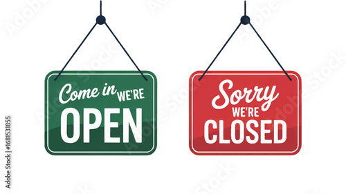 A simple illustration of two hanging business signs against on a transparent background.  