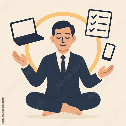 Businessman meditating in yoga pose with technology icons for work life balance