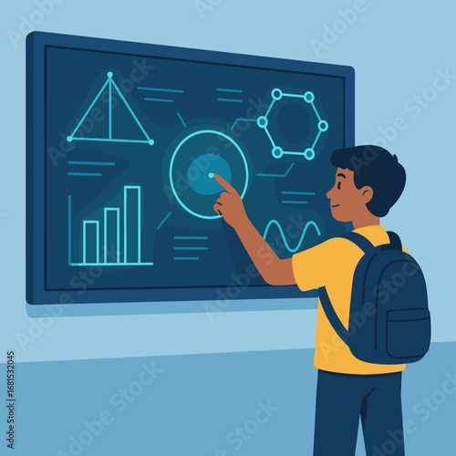 Student interacting with digital display in modern classroom setting